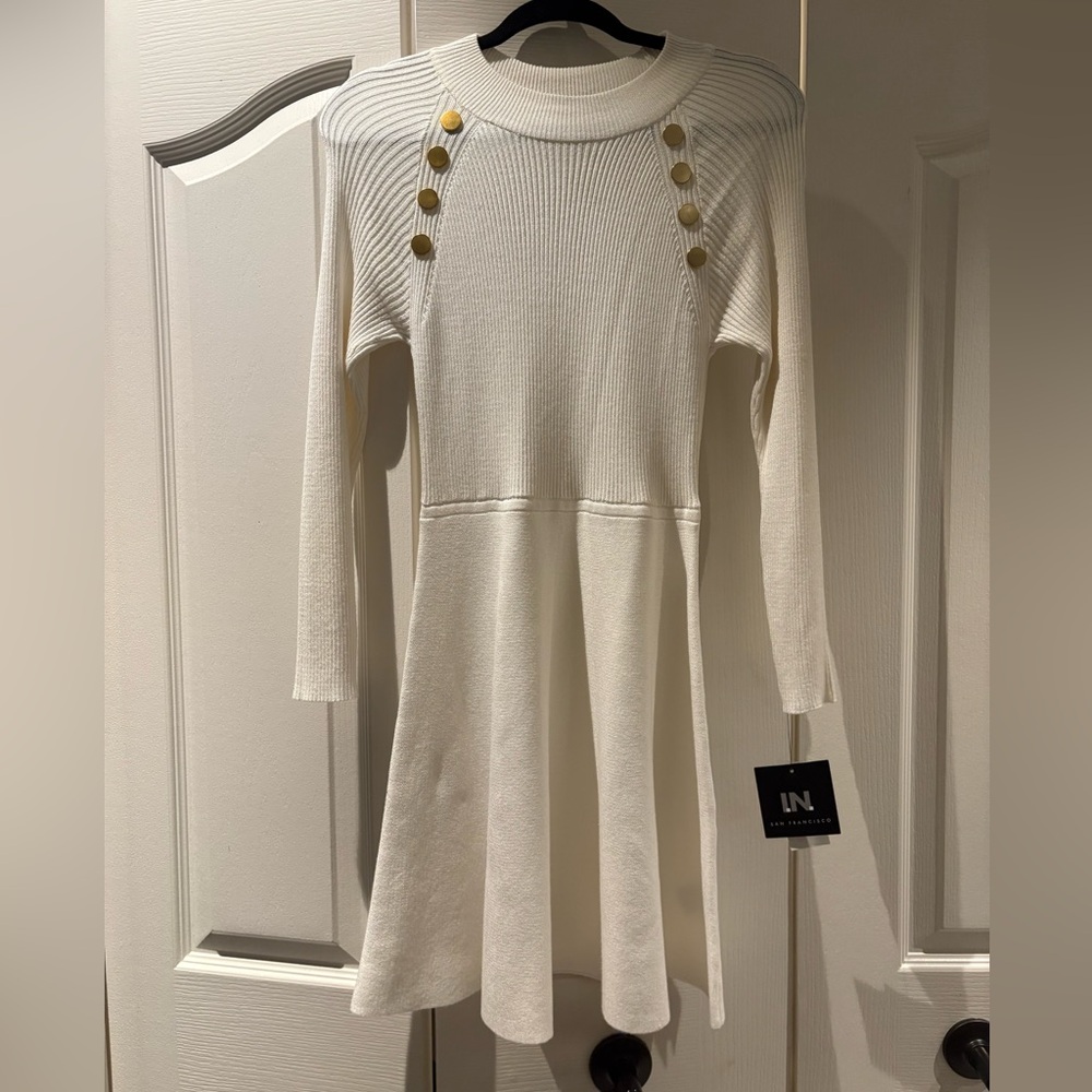 Elegant Cream Knit Dress with Gold Button Details